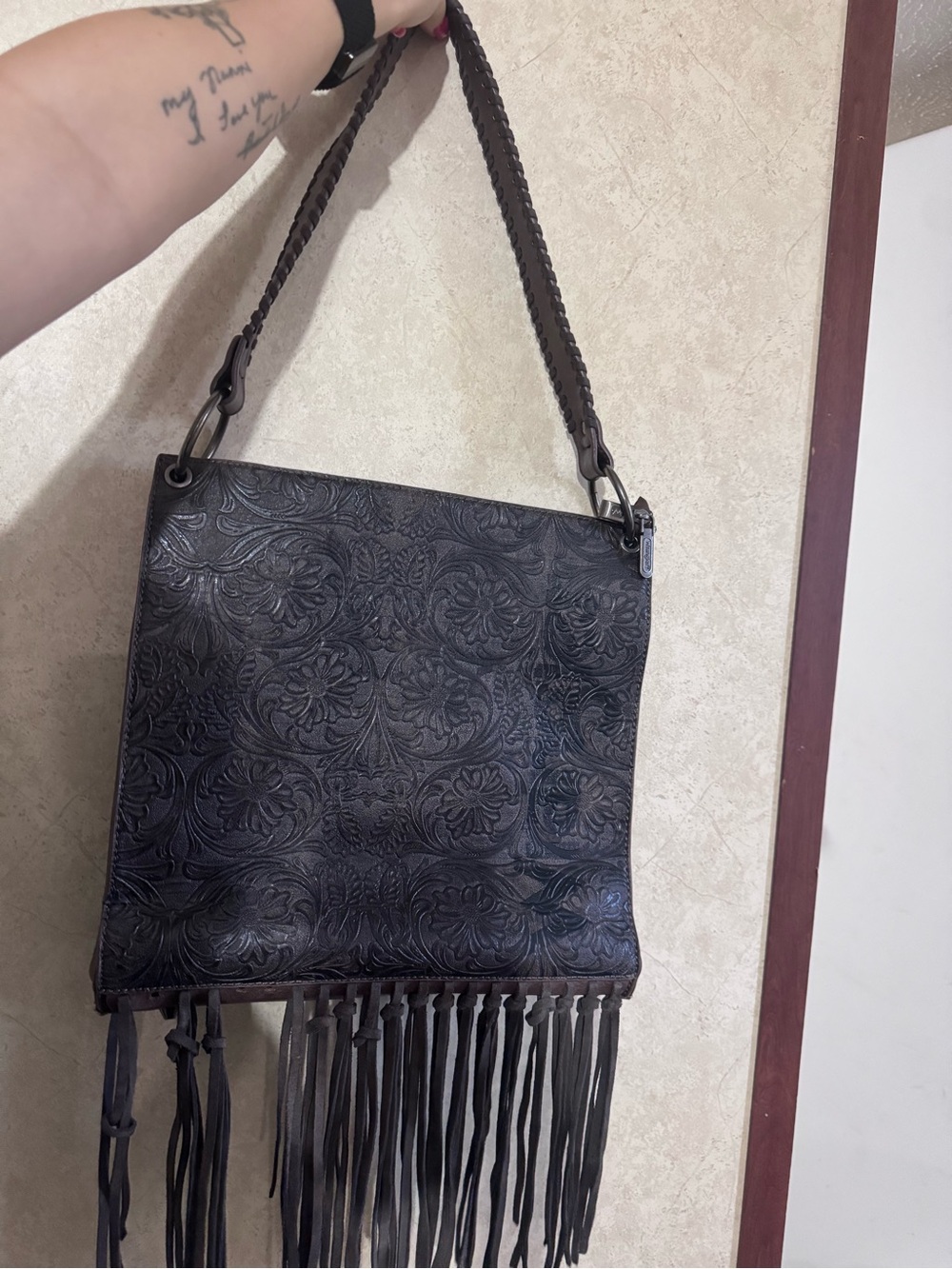 Wrangler Black Embossed Fringe Shoulder Bag
